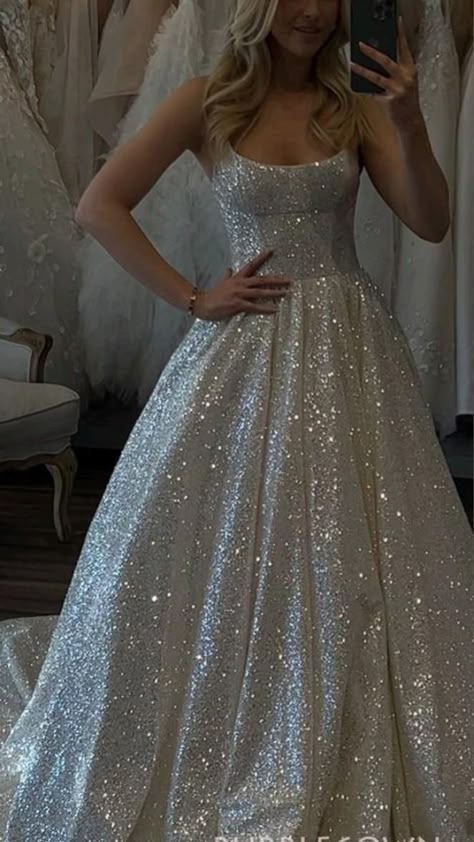 Silver Grad Dress, Types Of Dresses Chart Style, Shiny Dress Outfit, Royal Ball Dress, Silver Prom Dress Sparkly, Glittery Prom Dresses, Prom Dresses Princess Style, White Sparkly Prom Dress, Wedding Dresses Sparkle