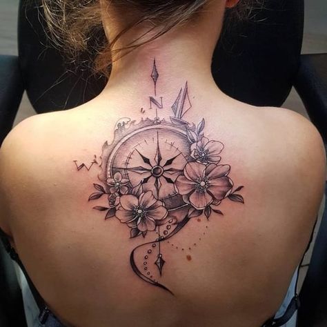 back-tattoo-flowers-anchor-and-compass-tattoo-west-north-blonde-hair Feminine Compass Tattoo, Women's Tattoos, Model Tattoos, Compass Tattoos, Favorite Tattoos, Belly Tattoos, Date Tattoos, Compass Tattoo Design, Inspiration Tattoos