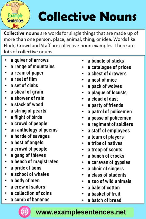 44 Collective Nouns, Definition and Examples - Example Sentences Collective Nouns Activities, Noun Examples, Speaking Phrases, Classroom English, Nutty Professor, Singular Plural, Pack Of Wolves, Nouns Activities, English Articles