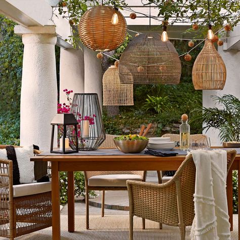 Patio Lighting Ideas, Hanging Patio Lights, Boho Lighting, Exterior Light Fixtures, Pergola Lighting, Boho Outdoor, Outdoor Chandelier, Outdoor Hanging Lanterns, Basket Lighting