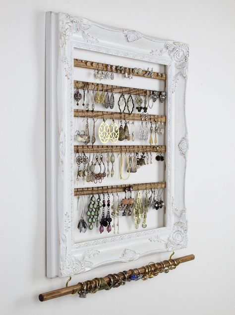 How to Make Your Home Look Expensive Earring Holder Frame, Hang Jewelry Ideas, Diy Jewelry Shelf, Photo Frame Jewelry Organizer, Diy Wood Earring Holder, Earring Frame Holder, Jewelry Rack Diy, Jewelry Holder Frame, Frame Earring Holder Diy