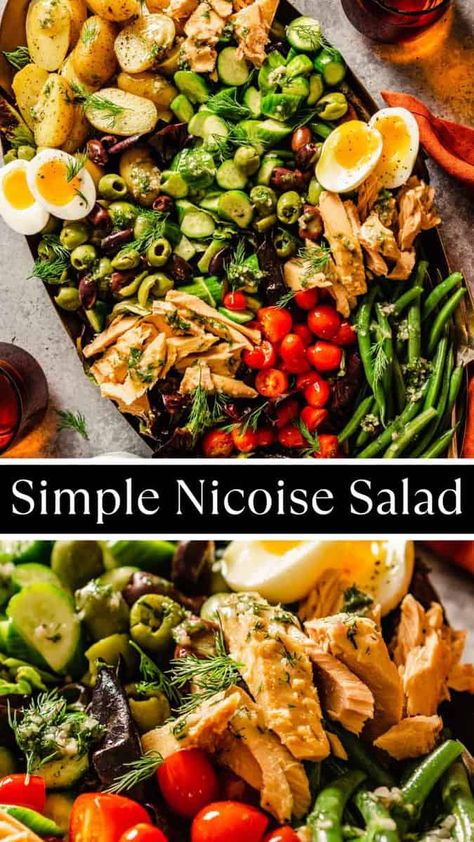 The nicoise salad is one of those dishes that at its core is all about simplicity. Loaded with all kinds of veggies then dressed with a simple vinaigrette, it is truly the best entree salad you can make. Nicoise Salad Dressing, Dill Vinaigrette, Salad With Dill, Nicoise Salad Recipe, Tuna Nicoise Salad, Dijon Vinaigrette, Simple Vinaigrette, Nicoise Salad, Hard Cooked Eggs