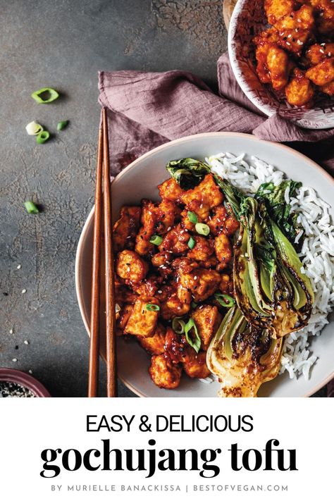 Transform your tofu game with this mouthwatering Spicy Gochujang Tofu recipe, a creative spin on the classic. Brace yourself for a flavor explosion as the tofu is coated in a luscious blend of gochujang, garlic, maple syrup, tamari, and rice vinegar. Serve hot with Coconut Rice or Garlicky Miso-Glazed Bok Choy and let your taste buds embark on a culinary adventure. Pin it now and savor the magic later! via @bestofvegan Gochujang Recipe, Chickpea Pancakes, Coconut French Toast, Fried Bananas, Caramelized Bananas, Savory Crepes, Stewed Potatoes, Extra Firm Tofu, Coconut Rice