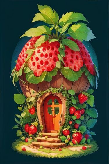 Strawberry Fairy House, Cottage Concept Art, Produce Illustration, Strawberry Room, Pumpkin Houses, Fruit House, Strawberry House, Vegetable Crafts, Carnival Birthday Party Theme