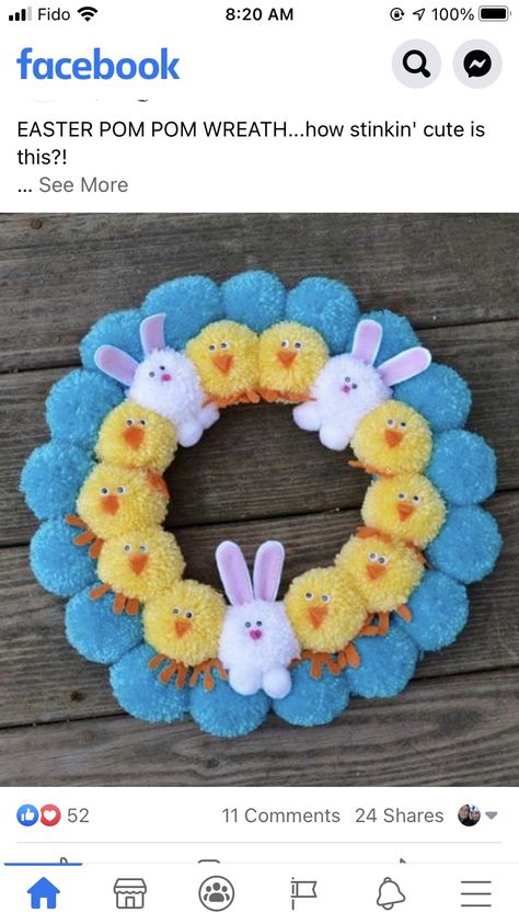 Pom Wreath, Easter Wreath Diy, Pom Pom Wreath, Pom Pom Crafts, Easter Projects, Oita, Easter Crafts Diy, Halloween Ornaments, Easter Wreath