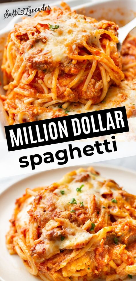 Recipe Using Spaghetti Sauce, Million Dollar Spaghetti Recipe, Italian Sausage Marinara, Italian Sausage Spaghetti, Italian Sausage Recipes Pasta, Easy Baked Spaghetti, Spaghetti Casserole Recipe, Sausage Marinara, Million Dollar Spaghetti