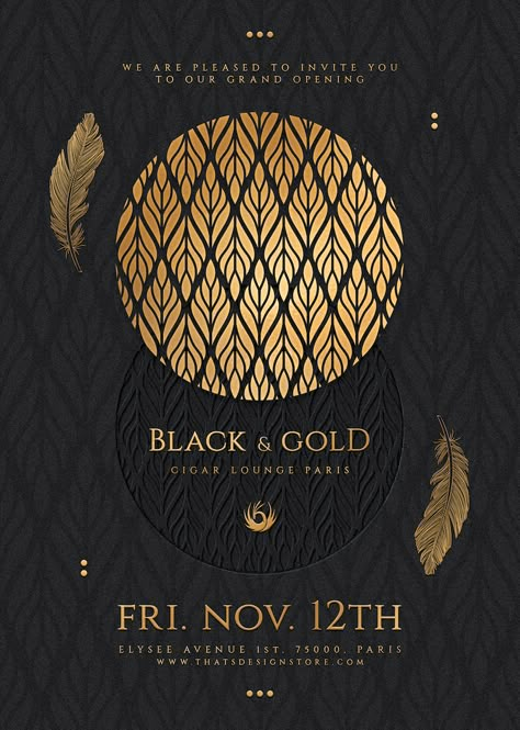 Luxury Flyer Design, Black And Gold Lounge, Luxury Poster Design, Elegant Poster Design, Luxury Design Graphic, Social Media Manager Website, Gold Graphic Design, Gold Website, Black And Gold Art Deco