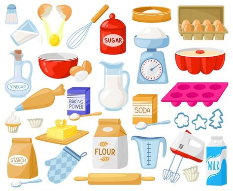 Cartoon baking ingredients. bakery ingre... | Premium Vector #Freepik #vector #baking-tools #baking-ingredients #cake-ingredients #baking-powder Cartoon Baking, Bakery Ingredients, Baking Power, Pembuat Roti, Baking Utensils, Dough Ingredients, Vintage Baking, Food Supply, Cooking Ingredients