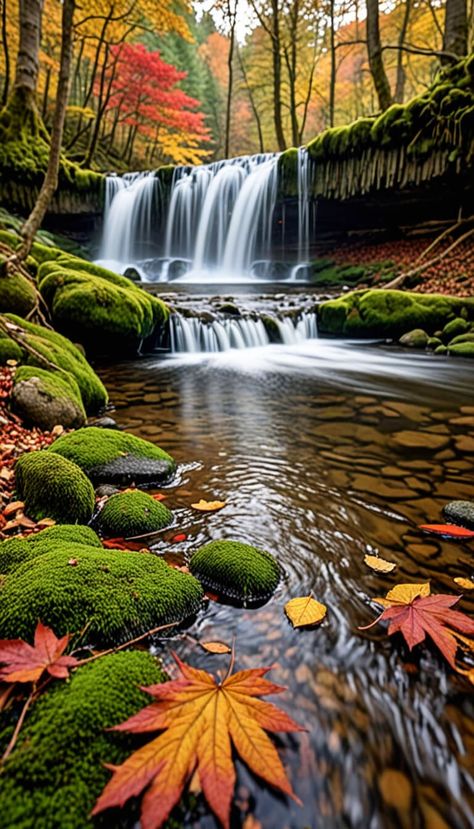 Waterfalls, Silence Serenity in the Forest on an Autumn Day - AI creation Positive Wallpapers, Fall Pictures, Wallpapers Backgrounds, Pretty Wallpapers Backgrounds, Happy Colors, In The Forest, Autumn Day, Phone Wallpapers, The Forest