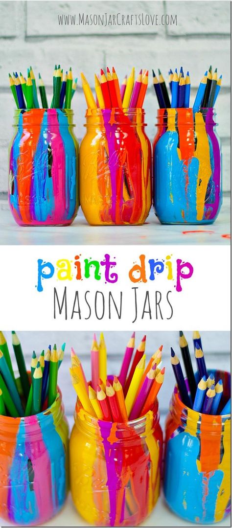 DIY paint-drip mason jar anthropologie knock-off Anthropologie Store, Bathroom Jars, Mason Jar Projects, Pencil Holders, Makeup Organization Diy, Jar Art, Jar Ideas, Kid Craft, Craft Rooms