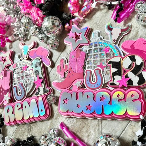 Complete your disco cowgirl's event with this luxuriously layered glitter shaker cake topper!! Disco Cowgirl Birthday Cake, Disco Cowgirl Cookies, First Rodeo Cake, Rodeo Cake Topper, Rodeo Cake, Cowgirl Birthday Cakes, Cowgirl Party Decorations, Cowgirl Cookies, Cowgirl Disco