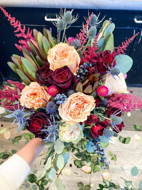 Burgundy, Blush and Blue for a perfectly lovely Autumn Wedding 😍 Berry Winter Wedding, Burgundy Pink And Blue Wedding, Colorful Winter Bouquet, Pink And Blue Winter Wedding, Light Blue And Burgundy Wedding, Dusty Blue And Burgundy Wedding, Navy Peach Wedding, Winter Garden Wedding, Blue And Burgundy Wedding