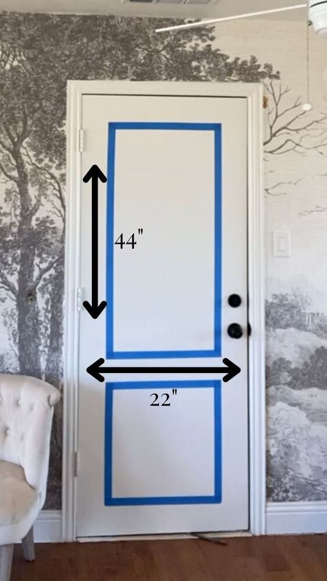 Add Moulding To Flat Door, How To Update Doors, How To Make Doors Look Better, Wallpaper Doors Ideas, Indoor Door Makeover, Wallpapered Door, Flat Door Makeover Diy, Wallpaper Door Ideas, Wallpaper On Door