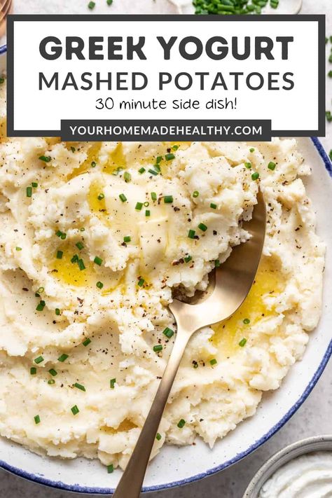 Greek Yogurt Mashed Potatoes are light, fluffy, and packed full of flavor. They use greek yogurt, instead of sour cream, for a healthier take on the classic recipe. With 6 easy steps and 8 simple ingredients, you'll have this side dish on the table in about 45 minutes! Mashed Potatoes Greek Yogurt, Mashed Potatoes Recipe Greek Yogurt, Best Healthy Mashed Potatoes, Mashed Potatoes Recipe Healthy, Mashed Potatoes With Greek Yogurt, Greek Yogurt Mashed Potatoes, Mashed Potatoes With Yogurt, Low Fat Mashed Potatoes, Healthier Mashed Potatoes