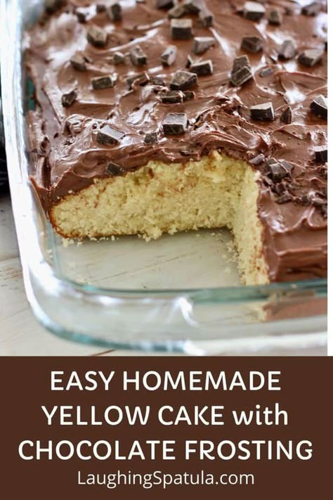 An easy to make Old Fashioned Yellow Cake with Easy Chocolate Frosting.  Simple ingredients make the best cake! #homemadecake #yellowcake #easyfrosting #oldfashionedyellowcake Old Fashioned Yellow Cake, Yellow Cake Chocolate Frosting, Yellow Cake With Chocolate Frosting, Homemade Yellow Cake, Traditional Easter Desserts, Cake With Chocolate Frosting, Homemade Strawberry Sauce, Yellow Cake Recipe, Easy Frosting