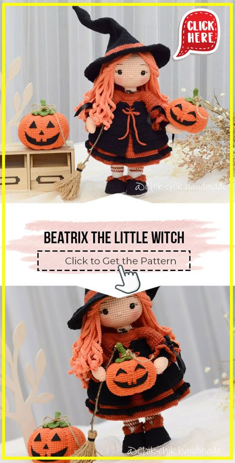 crochet BEATRIX The Little Witch easy pattern - Easy Crochet Witch Pattern for Beginners. Click to Get the Pattern #Witch #crochetpattern #crochet via @shareapattern.com Crochet Witch Pattern, Crochet Witch, Witch Pattern, Crochet Ghost, Halloween Witch Dolls, Patterns Halloween, Pumpkin Patterns, Crochet Doll Tutorial, Crochet Christmas Gifts