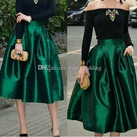 Online Cheap Dark Green Midi Skirts For Women High Waisted Ruched Satin Tea Length Petite Cocktail Party Skirts Top Quality Women Formal Outfits By Yate_wedding | Dhgate.Com Cocktail Party Outfit, Green Midi Skirt, Evening Dress Long, Green Evening Dress, Christmas Party Outfit, Cocktail Outfit, Party Rock, Christmas Party Outfits, Looks Party