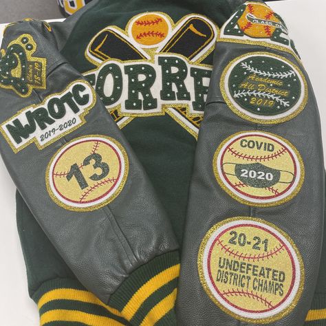 Letterman’s Jacket Ideas, Softball Letterman Jacket Ideas, Letterman Jacket Patches Placement, Senior Year Inspiration, Letterman Jacket Ideas, Letterman Jacket Patches, Softball Sweatshirt, Bling Jacket, Senior Season