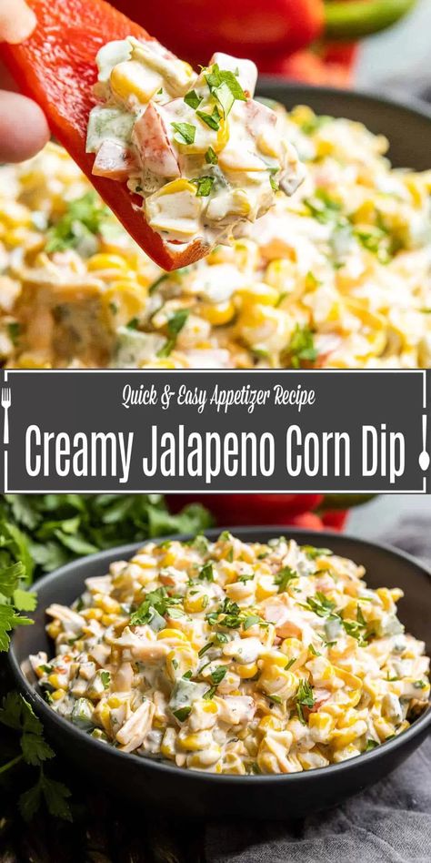 Creamy jalapeno corn dip is the perfect cold dip for summer parties. Make it ahead of time and bring this side to your next barbecue, picnic or potluck! Make with fresh corn or canned corn for a creamy dip with some spicy jalapeno and scoop it up onto chips or veggies for a delicious appetizer or side dish. Creamy Jalapeno Corn, Spicy Corn Dip, Jalapeno Corn Dip, Vegetarian Appetizers Easy, Cold Dip, Cold Dip Recipes, Creamy Jalapeno, Salsa Recipes, Meatless Recipes