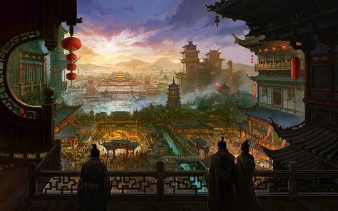 Ancient Chinese City, City Fantasy Art, Chinese City, Kingdom City, Ancient Chinese Architecture, Japan Architecture, Chinese Landscape, Samurai Art, Fantasy City