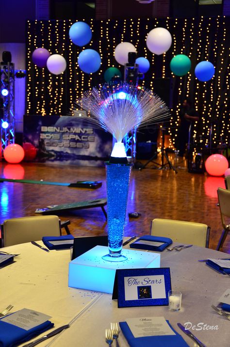 Space theme Bar Mitzvah  www.tieabowdallas.com Dallas, Texas Sweet 16 Space Theme, Space Themed Homecoming, Out Of This World Centerpieces, Space Theme Dance Decorations, Outer Space Dance Theme, Out Of This World Dance Theme, Planet Balloons, Fiber Optic Lights, Glow Theme Party