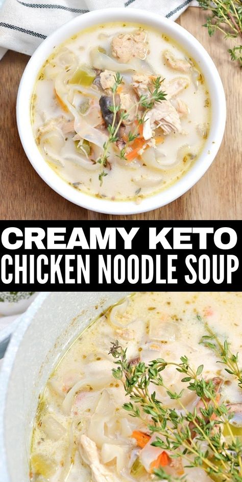 Creamy Keto Chicken Noodle Soup #creamyketochickennoodlesoup #creamychickennoodlesoup Keto Chicken Noodle Soup, Low Carb Chicken Noodle Soup, Gluten Free Chicken Noodle Soup, Low Carb Chicken Soup, Creamy Cauliflower Sauce, Rotisserie Chicken Soup, Keto Chicken Soup, Keto Noodles, Turkey Noodle Soup