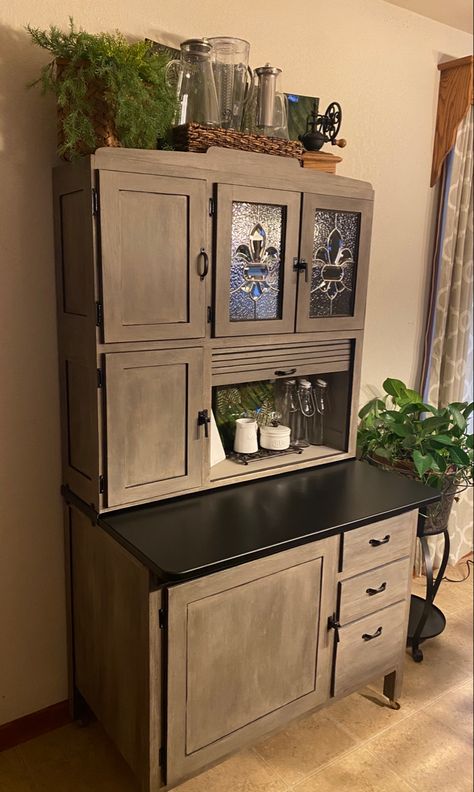 Hoosier Cabinet Redo, Refinished Hoosier Cabinet, Hoosier Cabinet Makeover, Farm Porch, Bakers Cabinet, Antique Hoosier Cabinet, Remodeling House, Farmhouse Makeover, Stained Glass Pieces