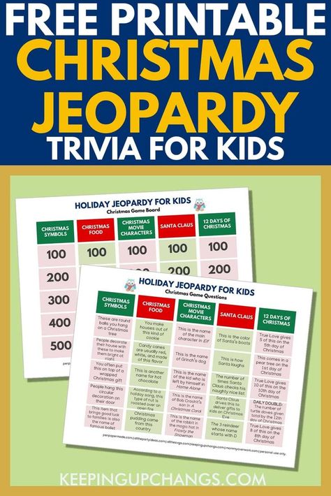 Free CHRISTMAS FOR KIDS PARTY GAME IDEA for this December winter holiday! This CHRISTMAS FOR KIDS JEOPARDY GAME printable pdf is easy to use, versatile and simple to customize or personalize for family, friends, office coworkers, church group! Categories: food, symbols, Santa Claus, word scramble, 12 days of Christmas song. Christmas for kids, adults, men, women, boys, girls | modern, fun, coed, unique, creative, funny. Jeopardy For Kids, Jeopardy Questions And Answers, Easy Christmas Trivia, Holiday Jeopardy, Christmas Jeopardy Game, Preschool Christmas Games, Christmas Jeopardy, Jeopardy Questions, Fun Family Christmas Games