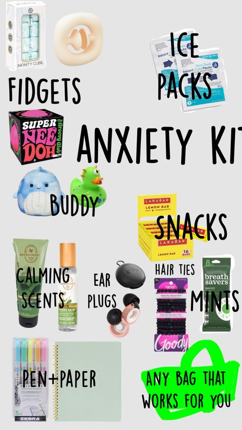 #anxitey #mentalhealthawareness #autismawareness #neurodiversity ￼ Coping Kit For Adults, Worry Box For Adults, Purse Kit Ideas, Coping Box Ideas, Coping Kit, Calm Down Kit, Self Care Kit, Wellness Kit, Healthy Coping Skills