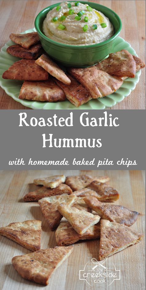 Easy Roasted Garlic, Hummus Healthy, Baked Pita Chips, Vegan Sauce Recipes, Healthy Dip, Vegan Dips, Roasted Garlic Hummus, Awesome Appetizers, Delicious Sides