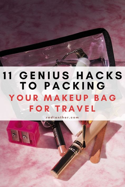 Make Up For Traveling, How To Organize Makeup Bag, Diy Travel Makeup Bag, Best Travel Makeup Bag, Makeup Travel Hacks, What Makeup To Pack For Travel, Packing Makeup In A Carry On, How To Pack Makeup For Travel, Packing Makeup For Travel