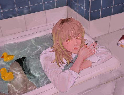 #originalcharacter #characterdesign #oc #pose #drawing #digitalart Bath Drawing Reference, Bathtub Art Reference, Bathtub Anime Drawing, Taking A Bath Drawing, Bathtub Perspective Drawing, Drawing Backgrounds, Bathtub Bathroom, Drawing Procreate, Taking A Bath