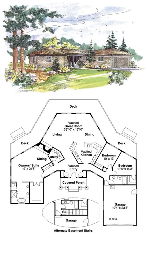 Shingle House Plan chp-20051 at COOLhouseplans.com | Total living area: 2292 sq ft, 3 bedrooms & 2 bathrooms. Shingle House Plans, Shingle House, Ranch Style House, Ranch Style House Plans, Ranch Style Homes, Home Floor Plans, Country House Plans, House Blueprints, Cabin Plans