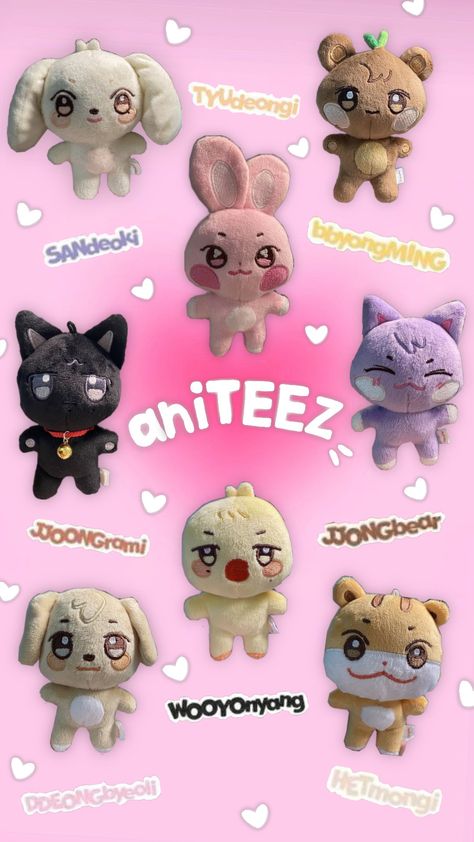 ATEEZ, aniTEEZ plushie shuffle 🧸🩷🎀 Ateez Plushies Names, Aniteez Plushes, Ateez Plushies, Aniteez Doll, Ateez Cake, Kpop Plushies, Ateez Merch, Doll Plushies, Choi Jong-ho