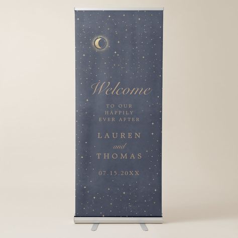 Wedding Welcome Banner, Indoor Wedding Decorations, Banner Wedding, Moon Gold, Seating Sign, Unique Wedding Decor, Celestial Wedding, Retractable Banner, Modern Minimalist Wedding