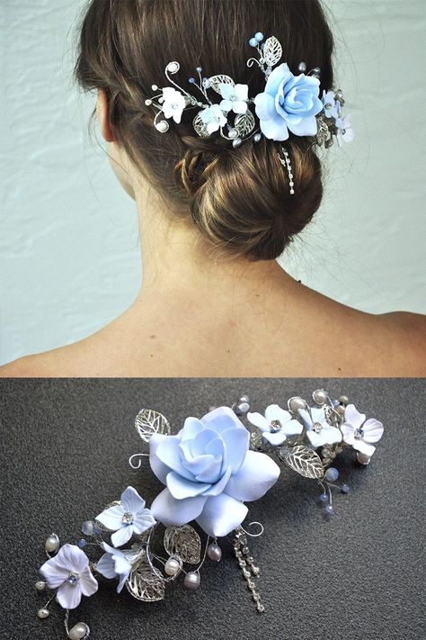 Diy Hair Pieces, Baby Blue Hair, Floral Hairpiece, Baby Blue Weddings, Floral Hair Piece, Bride Hair Piece, Half Up Wedding Hair, Blue Hair Accessories, Flowers And Pearls