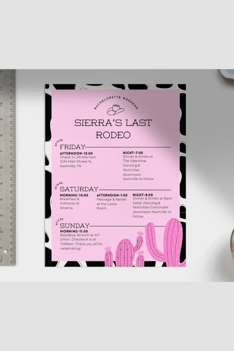 Last rodeo themed bachelorette itinerary template. Fully customizable available on my Etsy shop. Bachelorette Schedule, Nashville Bachelorette Weekend, Party Itinerary Template, Bachelorette Party Itinerary Template, Party Itinerary, Bachelorette Party Itinerary, Bachelorette Weekend Itinerary, Last Rodeo, Bachelorette Itinerary