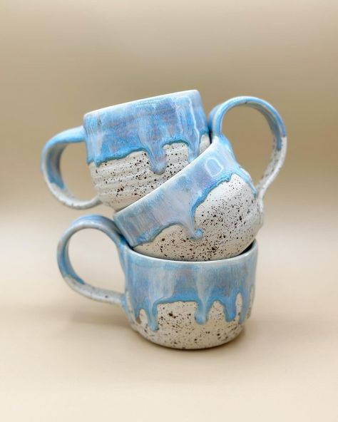 Pille Kapetanakis | Handmade Pottery | Preview: Dream mugs. Matte off white glaze with brown speckles on the bottom, airy light blue/ivory/hints of lilac drippy glaze on top. 🦋… | Instagram Painting Pottery, Pottery Inspo, Wheel Thrown Ceramics, Blue Kitchen, Glazes For Pottery, Clay Ceramics, White Glaze, Pottery Painting, Blue Ivory