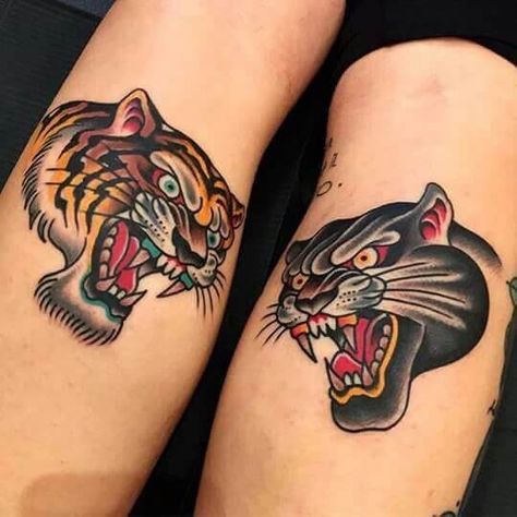 This simple tattoo features the snarling faces of a tiger and a panther. The tiger is meant for one arm, while the panther is meant for the other. Although these images look simple, they also look colorful and beautiful. #tattoofriday #tattoos #tattooart #tattoodesign #tattooidea Panther Tattoos, Traditional Tiger Tattoo, Traditional Panther Tattoo, Tiger Head Tattoo, Mangas Tattoo, Sailor Jerry Tattoos, Panther Tattoo, Tattoo Old School, Traditional Tattoo Sleeve