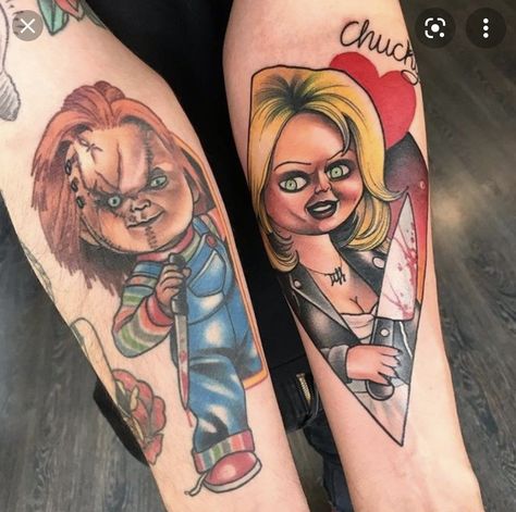 Tiffany Tattoo, Chucky Tattoo, Him And Her Tattoos, Horror Movie Tattoos, Best Couple Tattoos, Neo Trad Tattoo, Horror Tattoos, Cute Couple Tattoos, Couples Tattoo