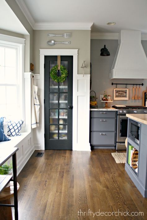 black glass pantry door                                                                                                                                                                                 More Kitchen Pantry Doors, Glass Pantry Door, Black Interior Doors, Pantry Door, Pantry Design, French Doors Interior, Kitchen Redo, Kitchen Remodel Idea, Wood Flooring