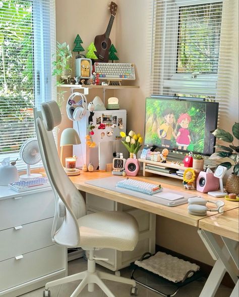 Cute Gaming Setup, Modern Apartment Interior, Modern Home Office Desk, Cozy Desk, Desk Areas, Power Of Love, Gaming Room Setup, Small Room Design, Cozy Room Decor