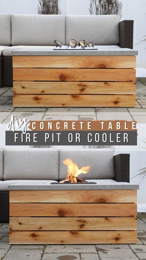 DIY Concrete Coffee Table (With Cooler & Firepit)! - DIY Huntress Concrete Fire Pit Table, Diy Porch Coffee Table, Diy Outdoor Coffee Table Fire Pit, Patio Coffee Table Diy, Diy Concrete Outdoor Table, Diy Concrete Fire Table, Fire Table Diy, Outdoor Coffee Table Diy, Diy Patio Coffee Table