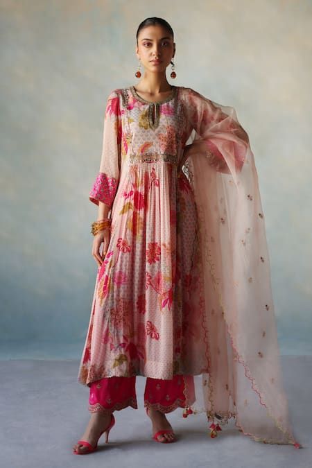 Buy Pink Crepe Print Flower Vine Round Neck Anarkali Set For Women by Rajiramniq Online at Aza Fashions. Round Neck Anarkali, Organza Kurta, Desi Dress, Desi Outfits, Recycled Dress, Lehenga Designs Simple, Pakistani Suit, Simple Kurta Designs, A Line Kurta