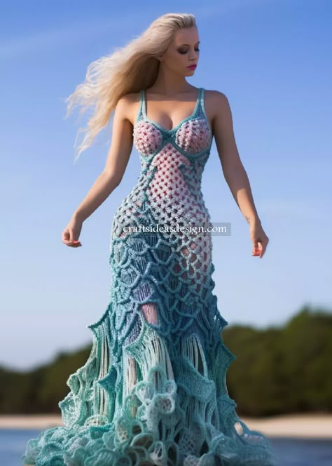 10 Summer Crochet Dress Ideas - Crafts Ideas Crochet Prom Dress Pattern, Crochet Prom Dress, Water Outfit, Crochet Prom Dresses, Grandma Hobbies, Maxi Dress Ideas, Ocean Crochet, Crochet Gown, Crochet Long Dresses