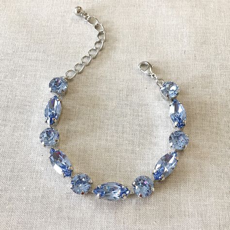 New bracelet now available in my shop. Silver And Blue Bracelet, Sapphire Blue Aesthetic, Baby Blue Jewelry, Light Blue Jewelry, Light Blue Bracelet, Blue Crystal Bracelet, Crystal Cluster Earrings, Swarovski Crystal Drop Earrings, Pretty Jewelry Necklaces