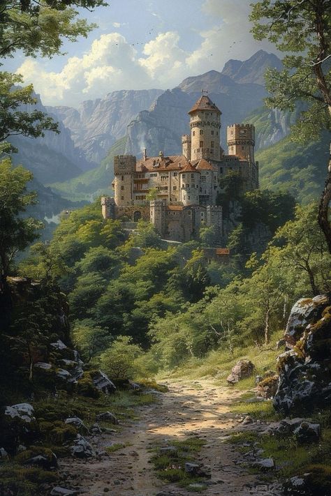 Medieval Landscape, Castle Artwork, Forest Castle, Castle Painting, Odaiba, Landscape Art Painting, Fantasy City, Fantasy Castle, Fantasy Setting