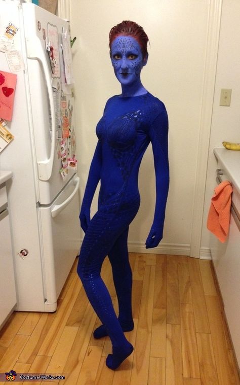 Lana: This is me wearing my DIY mystique costume! I absolutely love mystique from x-men and believe she symbolizes real femininity, strength, honour, independence! I used plain blue morph suit, cut... Simple Diy Halloween Costumes, Make A Halloween Costume, Creative Diy Halloween Costumes, Mystique Costume, Morph Suit, Creative Halloween Costumes Diy, Halloween Costumes 2014, Halloween Costumes To Make, Homemade Costume