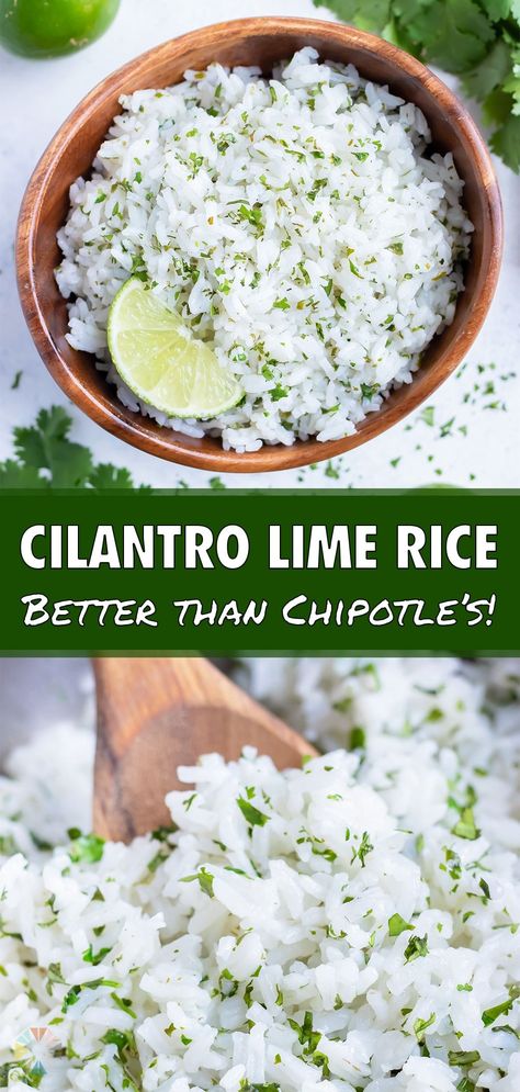 cilantro lime rice Copycat Cilantro Lime Rice, Fluffy White Rice, Chipotle Rice, Chipotle Copycat, Cilantro Lime Rice Recipe, Taco Side Dishes, Lime Rice Recipes, Cilantro Rice, Mexican Meals