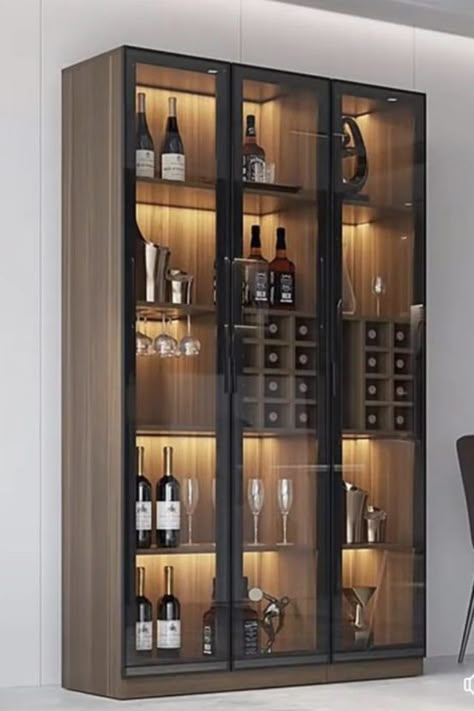 Wine Cabinet Ideas, Wine Display Cabinet, Wine Cabinet Design, Crockery Units, Wine Room Design, Home Wine Bar, Glass Door Cabinet, Ruang Tv, Crockery Unit Design